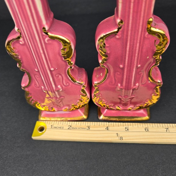 Vintage Pink Violin Bud Vases Set 2 22K Gold Trim 9" MCM Decor - Picture 8 of 9